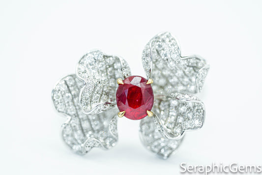 "Timeless Bloom: Petal-Shaped Untreated Ruby and Diamond Ring"