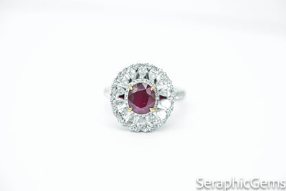 "Regal Radiance: Oval-Cut Ruby and Diamond Halo Ring"