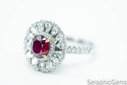 "Regal Radiance: Oval-Cut Ruby and Diamond Halo Ring"