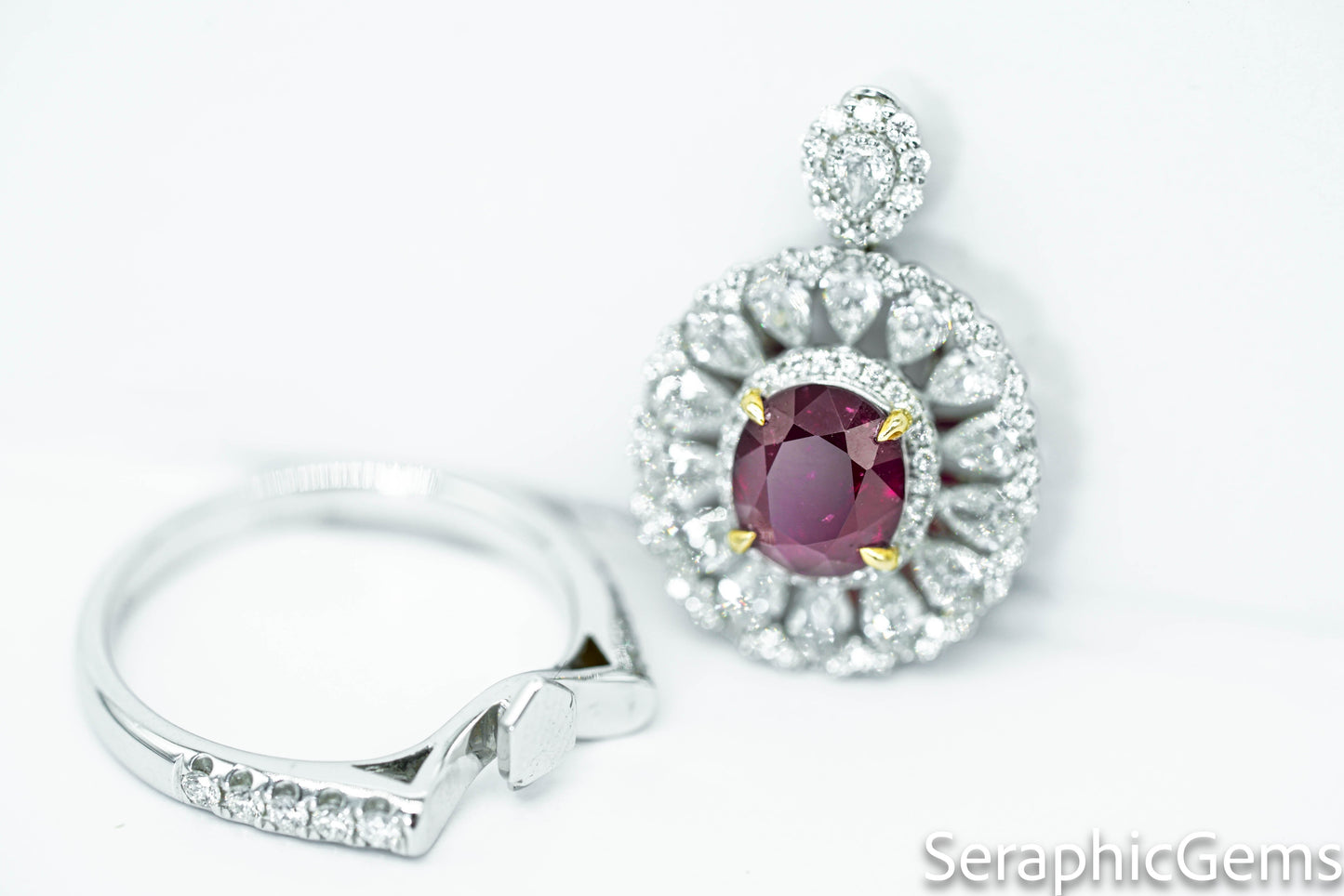 "Regal Radiance: Oval-Cut Ruby and Diamond Halo Ring"